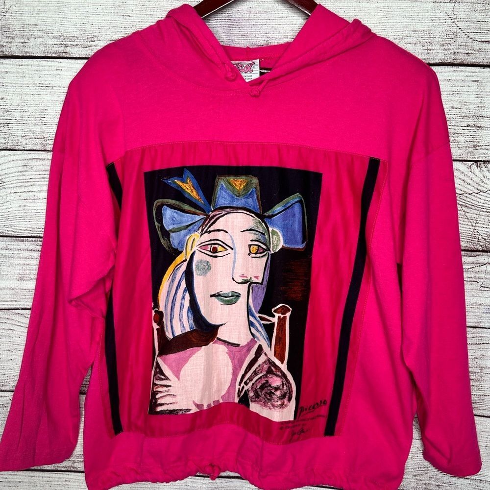 Vintage 80s/90s Hot Pink Streetwear Pablo Picasso Art Hooded long sleeve…